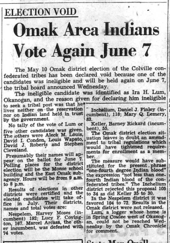 Omak Chronicle article on Colville elections on 5-22-1958
