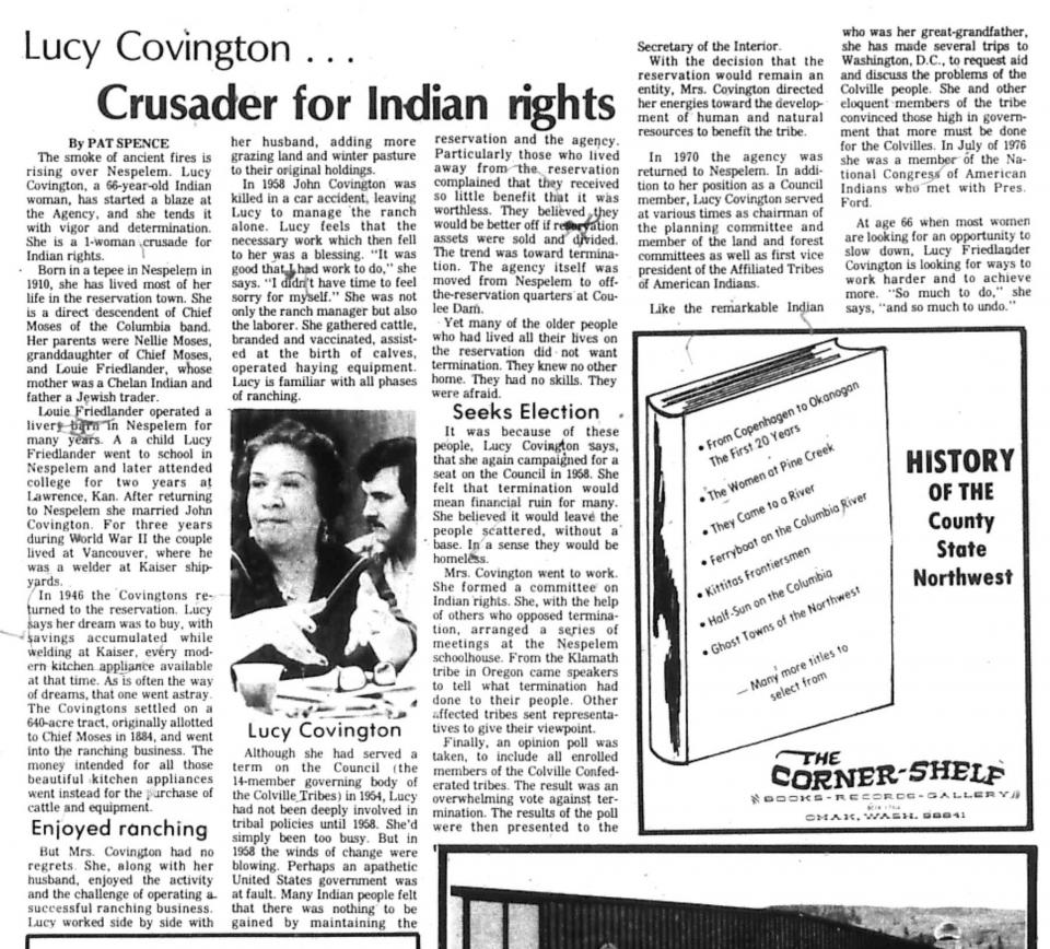 Omak Chronicle article on Lucy Covington on 2-10-1977